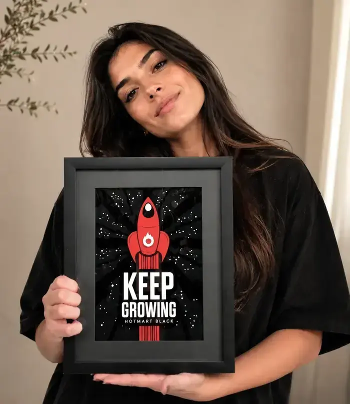 Camila Vinna mostrando o quadro Keep Growing