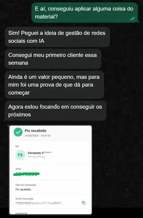 Conversa no WhatsApp de Fernando aplicando o método e recebendo o primeiro Pix