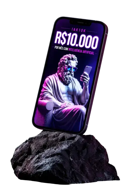 Celular mostrando capa do guia IAK10K com estátua estilizada